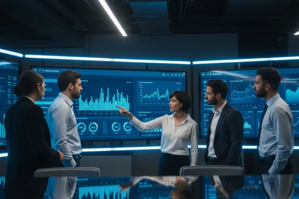 A business team reviewing SEO performance charts on digital screens, symbolizing growth and improved website rankings.