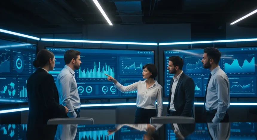 A business team reviewing SEO performance charts on digital screens, symbolizing growth and improved website rankings.