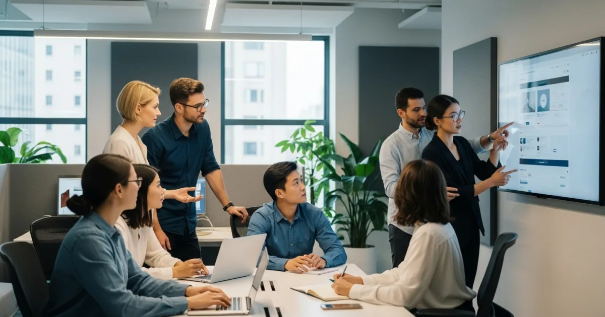 A team of web designers analyzing a modern website layout to improve design and sales performance.