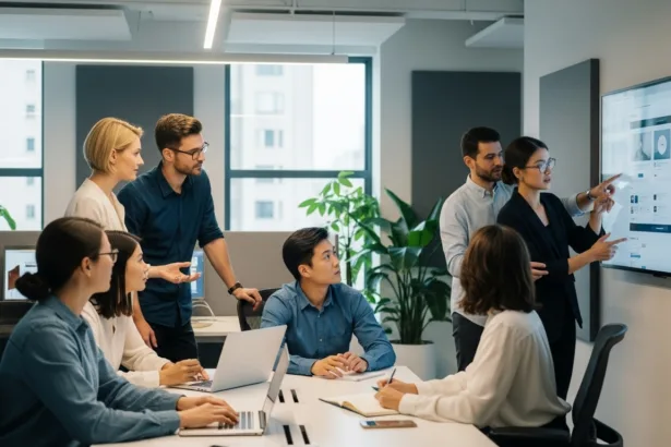 A team of web designers analyzing a modern website layout to improve design and sales performance.