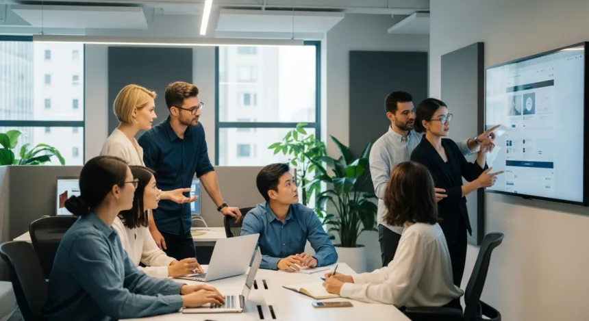 A team of web designers analyzing a modern website layout to improve design and sales performance.