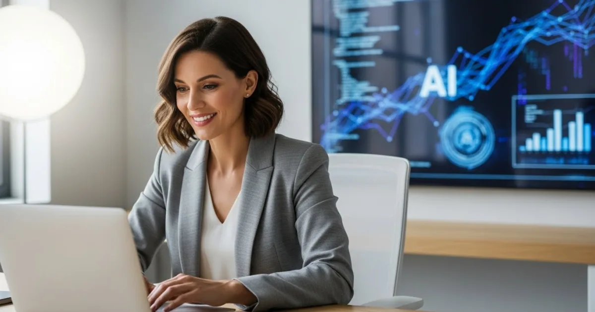 Woman smiling while learning AI automation on a laptop