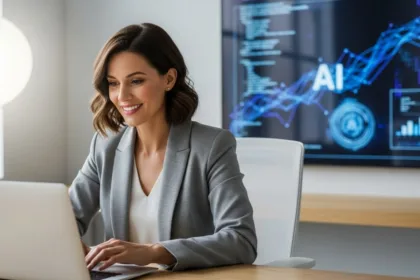 Woman smiling while learning AI automation on a laptop
