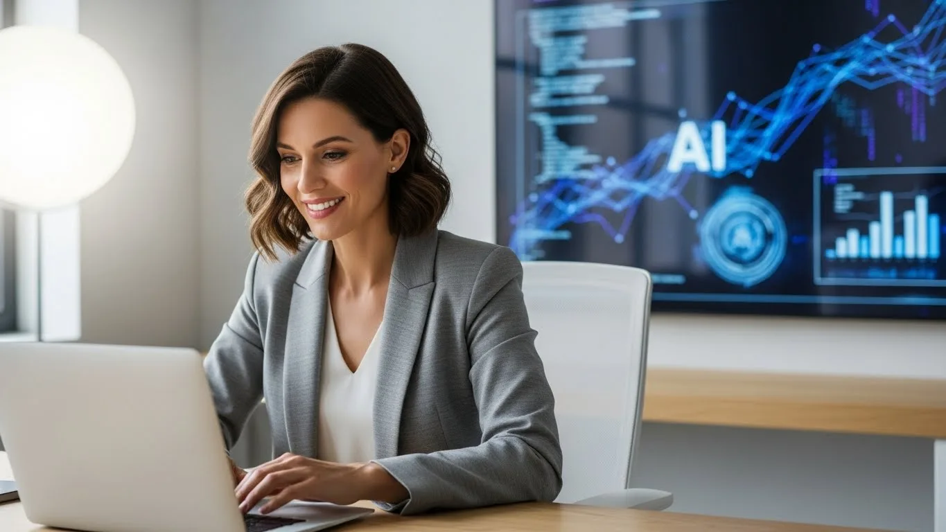 Woman smiling while learning AI automation on a laptop