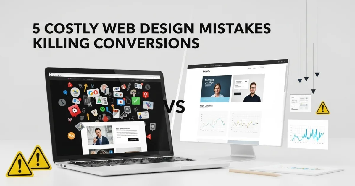 A comparison of a cluttered website design and a clean high-converting layout on a laptop screen, highlighting common web design mistakes
