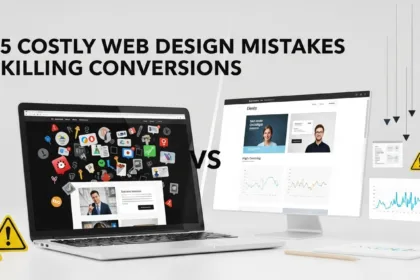 A comparison of a cluttered website design and a clean high-converting layout on a laptop screen, highlighting common web design mistakes