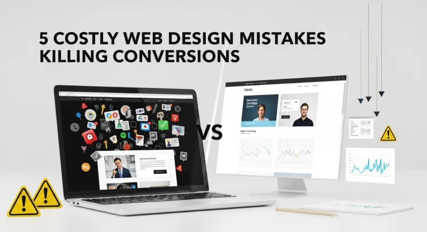 A comparison of a cluttered website design and a clean high-converting layout on a laptop screen, highlighting common web design mistakes
