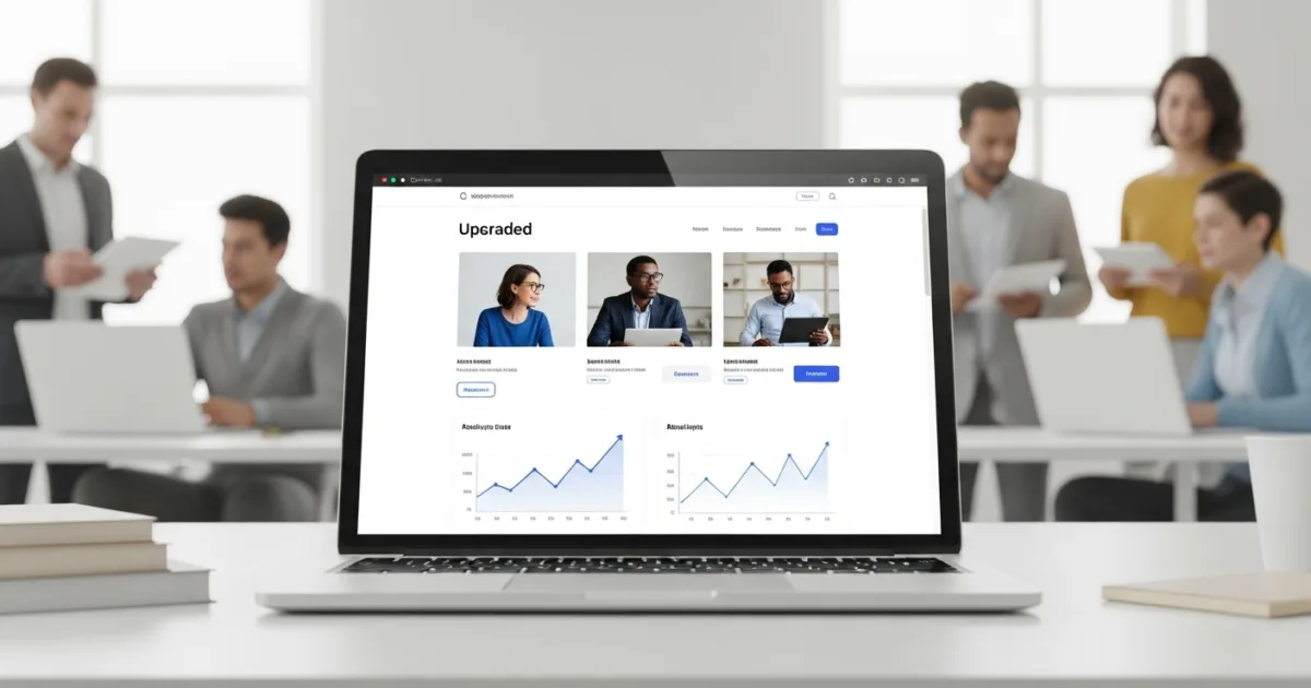 A team reviewing an upgraded website interface on a laptop, showing improved design and positive growth analytics.