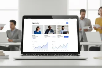 A team reviewing an upgraded website interface on a laptop, showing improved design and positive growth analytics.