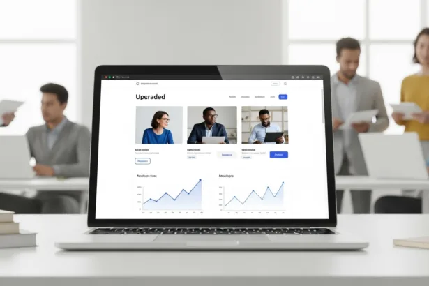 A team reviewing an upgraded website interface on a laptop, showing improved design and positive growth analytics.