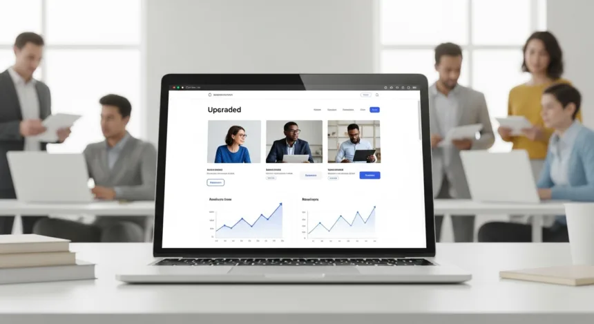 A team reviewing an upgraded website interface on a laptop, showing improved design and positive growth analytics.
