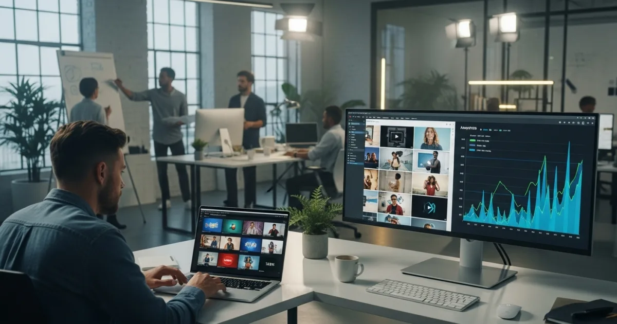 A marketing team reviewing multiple video ad strategies on a laptop and large monitor, with analytics charts showing improved performance.