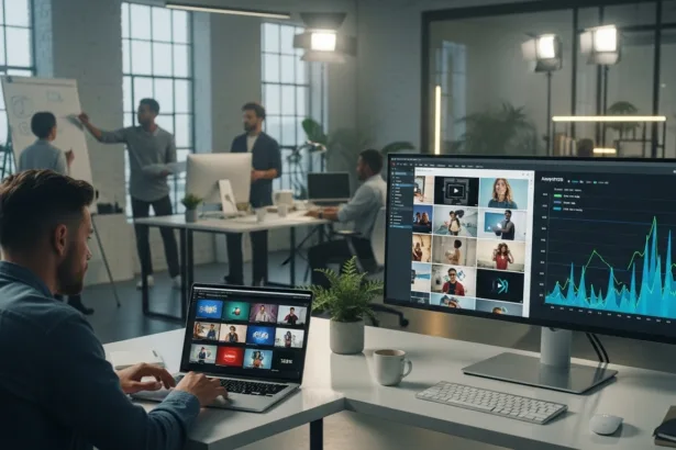 A marketing team reviewing multiple video ad strategies on a laptop and large monitor, with analytics charts showing improved performance.