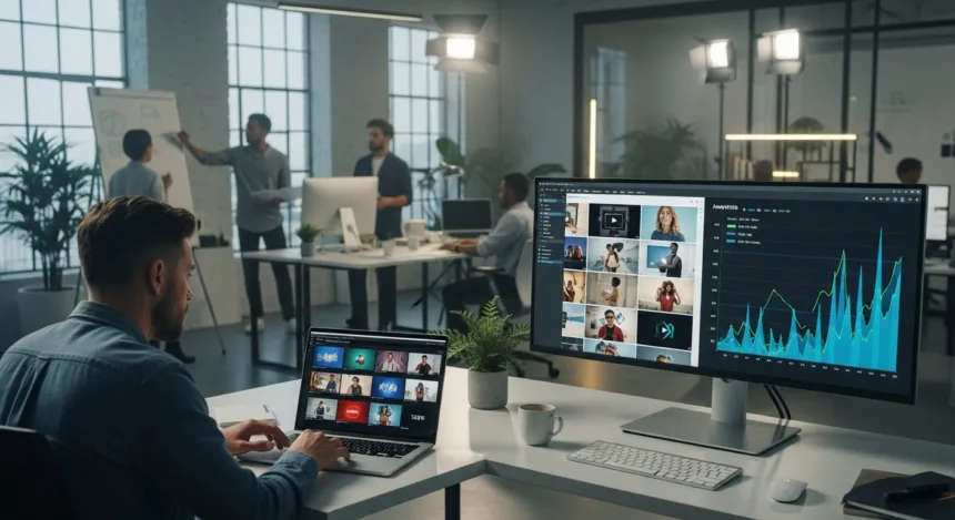 A marketing team reviewing multiple video ad strategies on a laptop and large monitor, with analytics charts showing improved performance.