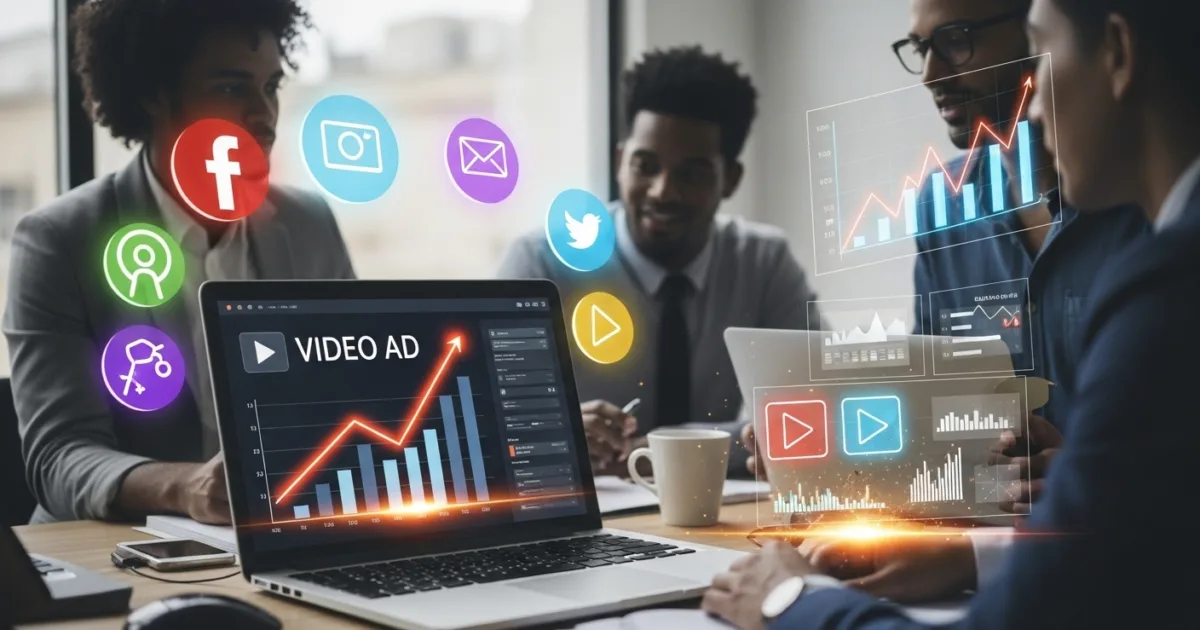 “Digital dashboard showing rising video ad analytics and business owners planning marketing strategies.”