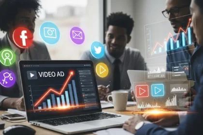 “Digital dashboard showing rising video ad analytics and business owners planning marketing strategies.”