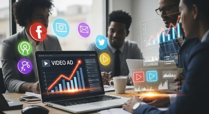 “Digital dashboard showing rising video ad analytics and business owners planning marketing strategies.”