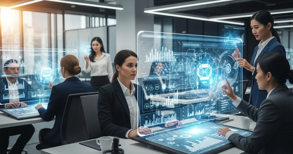 “Team reviewing AI automation dashboards with digital charts and workflow visuals.”