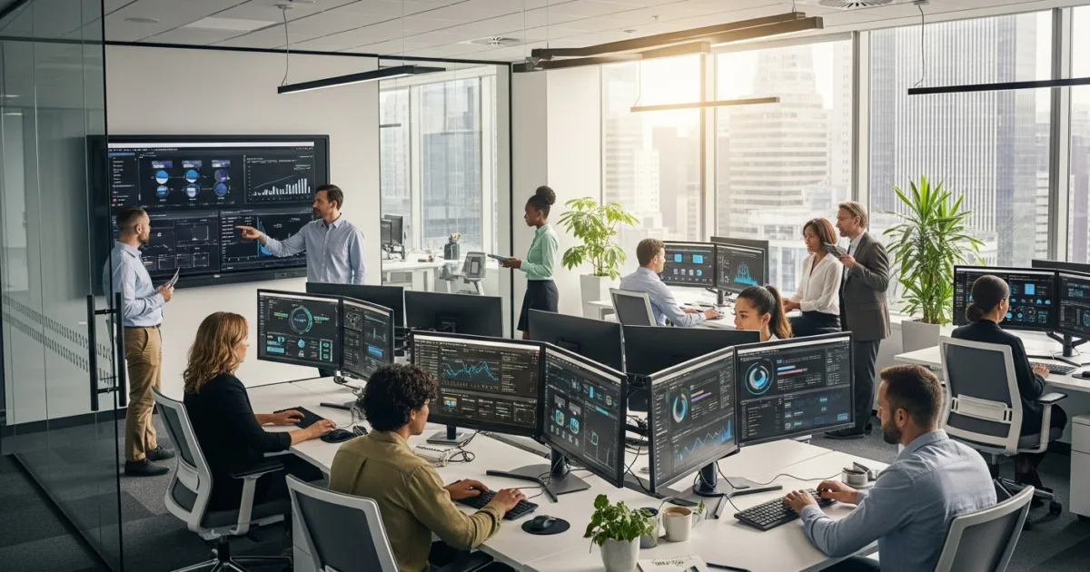 Professionals collaborating in a modern office using IT dashboards and digital tools for business growth.
