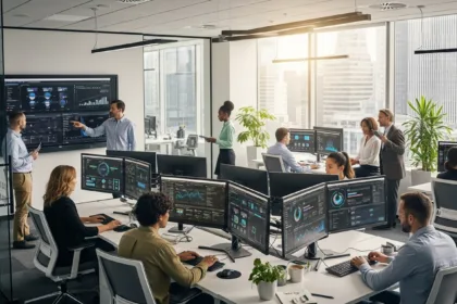 Professionals collaborating in a modern office using IT dashboards and digital tools for business growth.