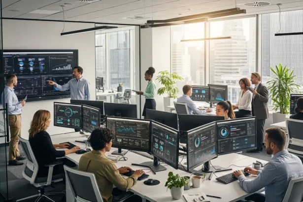 Professionals collaborating in a modern office using IT dashboards and digital tools for business growth.