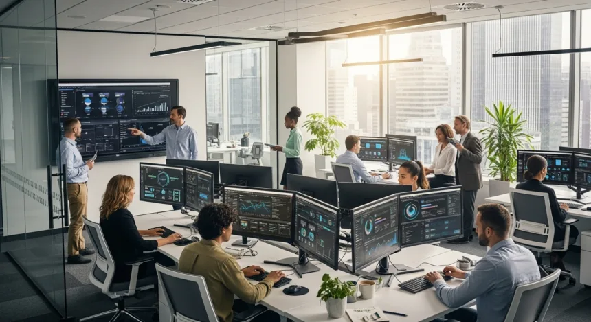 Professionals collaborating in a modern office using IT dashboards and digital tools for business growth.