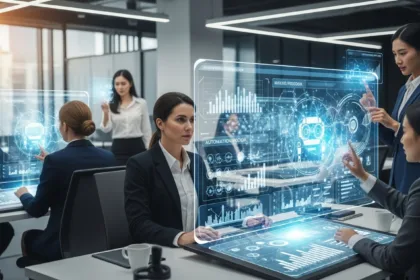 “Team reviewing AI automation dashboards with digital charts and workflow visuals.”