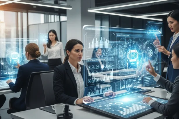 “Team reviewing AI automation dashboards with digital charts and workflow visuals.”