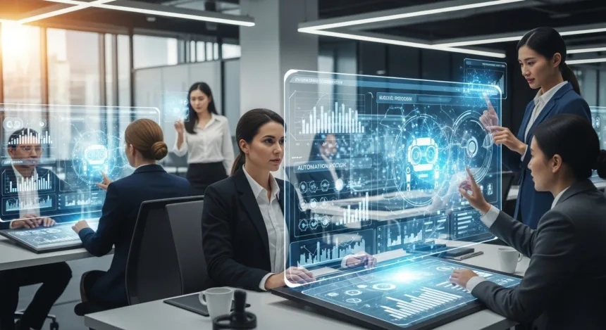 “Team reviewing AI automation dashboards with digital charts and workflow visuals.”