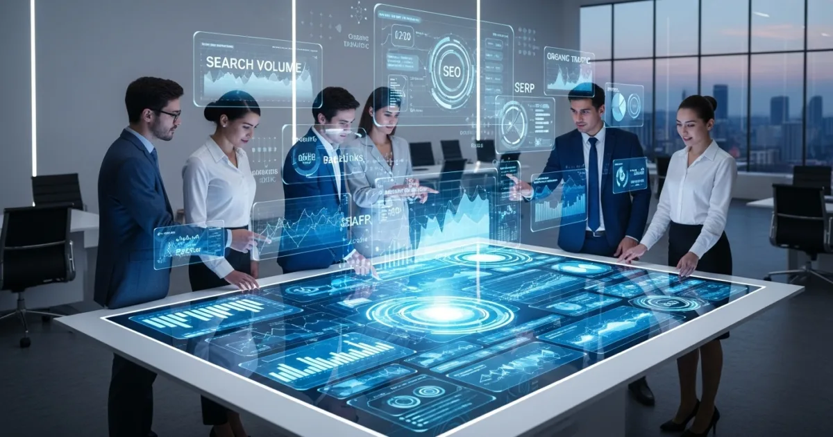 Business team implementing SEO strategies to increase website traffic.