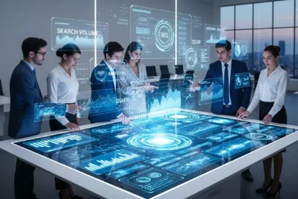 Business team implementing SEO strategies to increase website traffic.