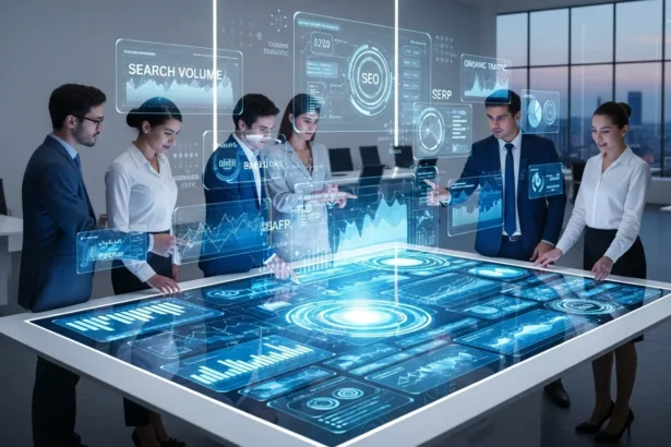 Business team implementing SEO strategies to increase website traffic.