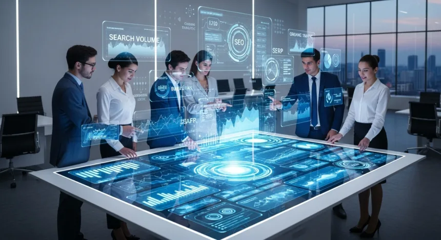 Business team implementing SEO strategies to increase website traffic.