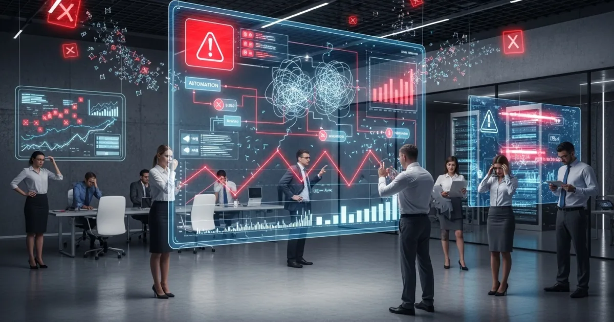 Business team reviewing AI automation errors on digital dashboards.