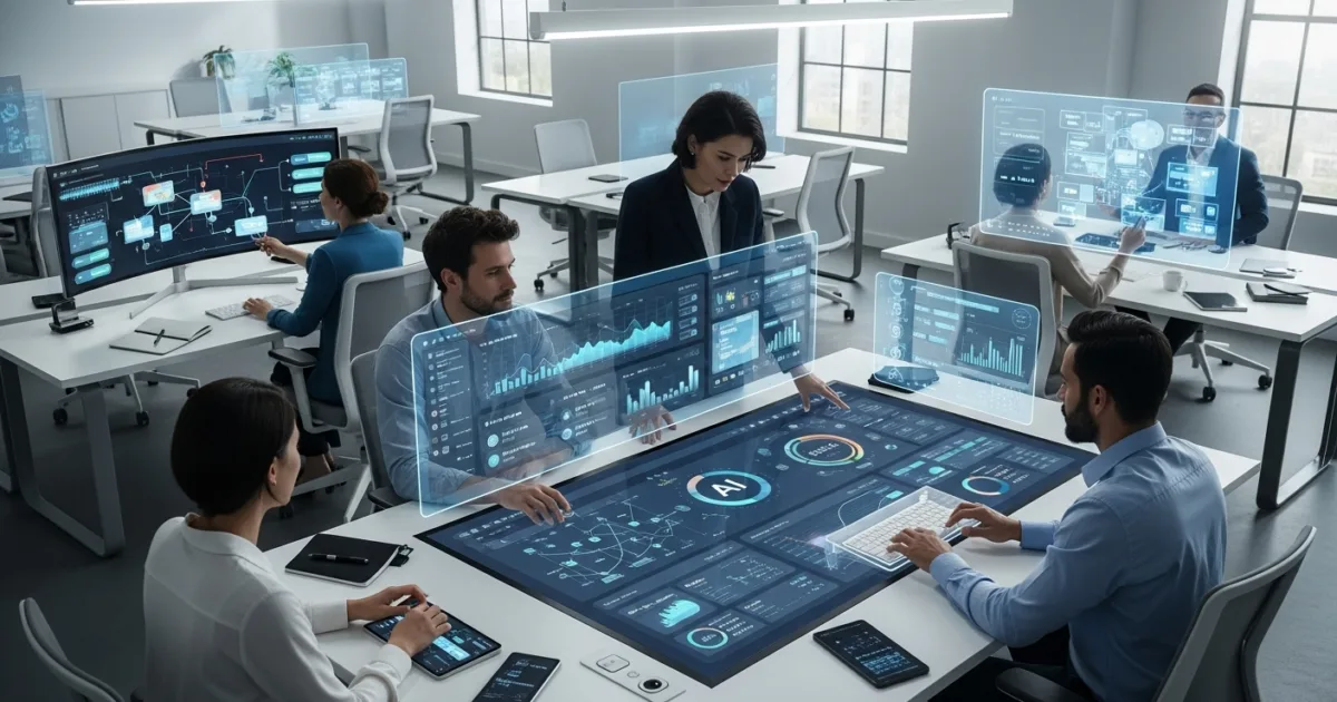 Professionals using AI dashboards and automation tools to improve business efficiency.