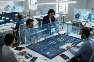 Professionals using AI dashboards and automation tools to improve business efficiency.