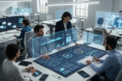 Professionals using AI dashboards and automation tools to improve business efficiency.