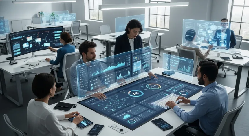 Professionals using AI dashboards and automation tools to improve business efficiency.