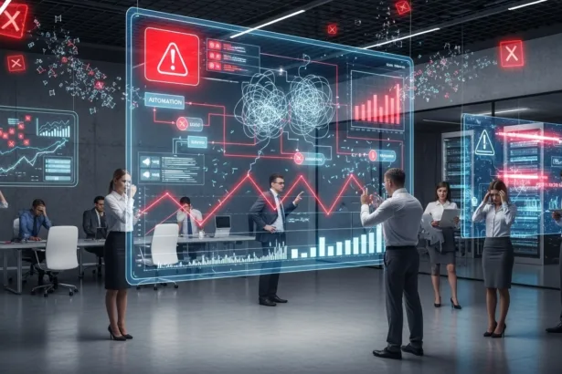 Business team reviewing AI automation errors on digital dashboards.