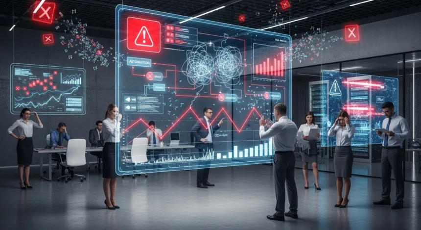 Business team reviewing AI automation errors on digital dashboards.