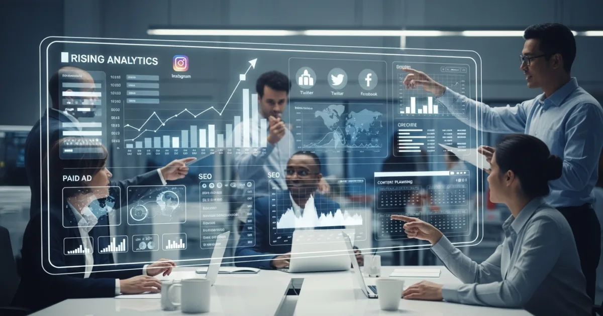 Digital marketing team reviewing analytics dashboards and campaign performance.