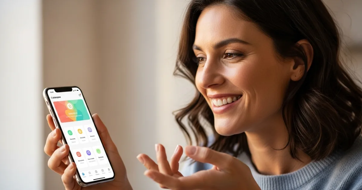 A smiling woman using a mobile app on her smartphone, representing a smooth and user-friendly app experience.