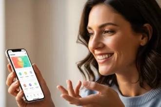 A smiling woman using a mobile app on her smartphone, representing a smooth and user-friendly app experience.