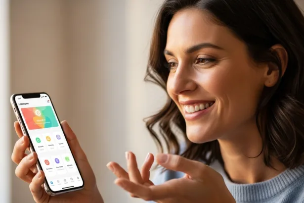 A smiling woman using a mobile app on her smartphone, representing a smooth and user-friendly app experience.