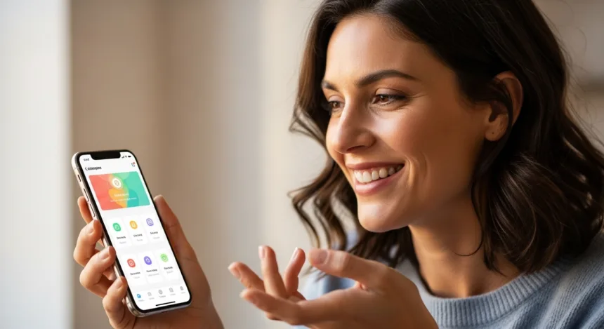 A smiling woman using a mobile app on her smartphone, representing a smooth and user-friendly app experience.