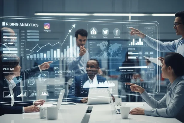 Digital marketing team reviewing analytics dashboards and campaign performance.