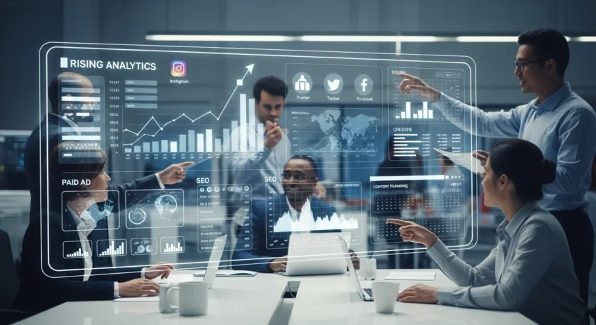 Digital marketing team reviewing analytics dashboards and campaign performance.