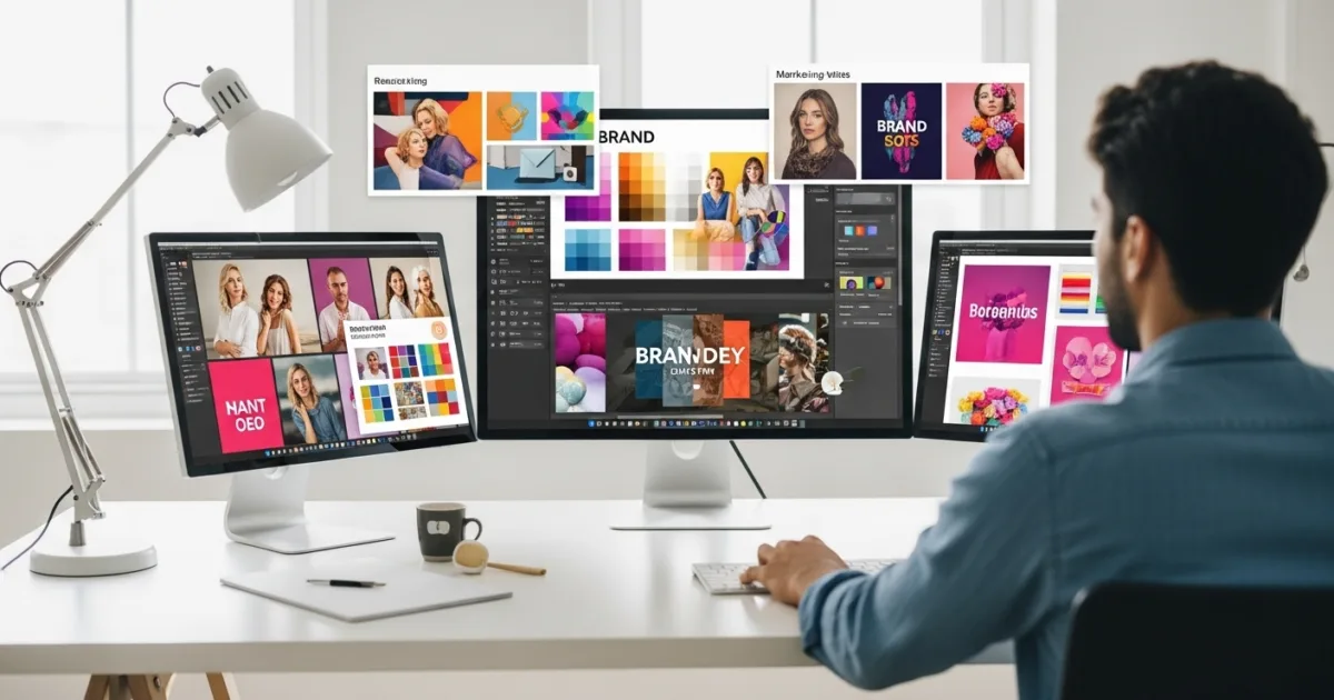 A graphic designer working at a modern desk with multiple screens displaying vibrant brand visuals, color palettes, and logo designs in a professional workspace.