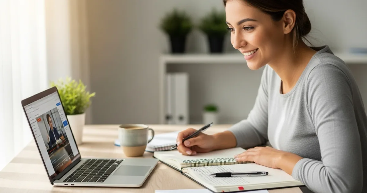 A person happily studying online on a laptop, representing learning from free courses.