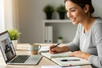 A person happily studying online on a laptop, representing learning from free courses.